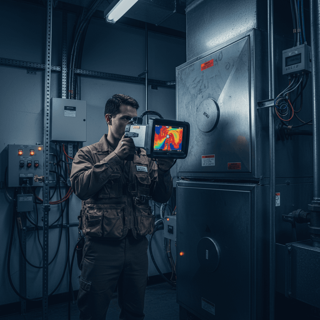 HVAC technician inspecting a furnace system