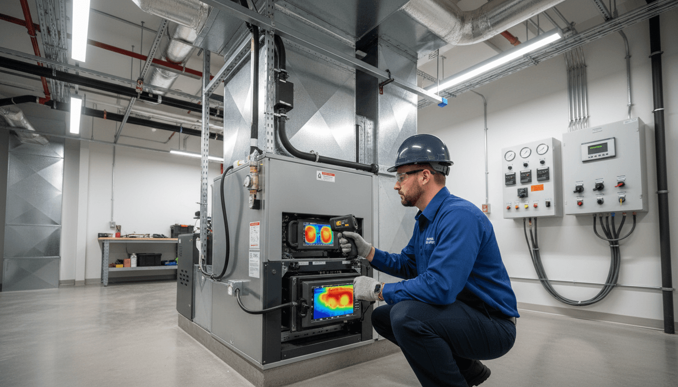 Harsh direct flash low-light aesthetic medium shot of an HVAC technician holding a thermal imaging camera while inspecting a furnace system.