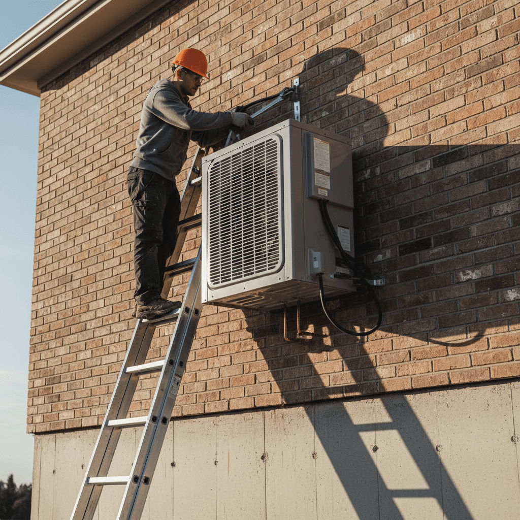 HVAC technician installing a heat pump unit on home exterior
